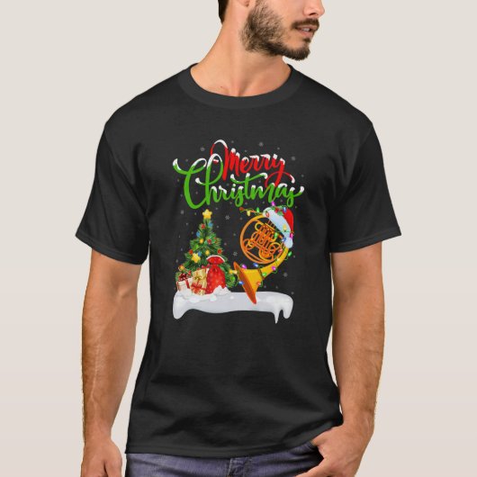 French Horn Lover Xmas Lighting Santa French Horn Tシャツ (正面)