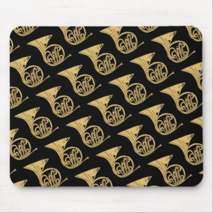 French Horn Musical Instrument Drawing on Black マウスパッド