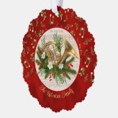 French Horn Musical Red Christmas Photo オーナメントカード (左)