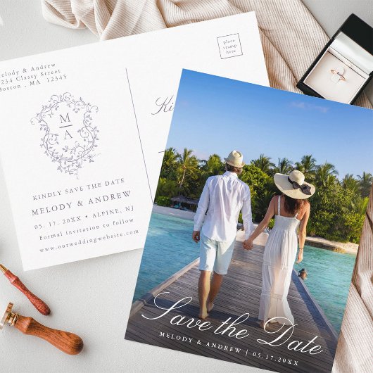 French Lavender Floral Crest Photo Save the Date ポストカード