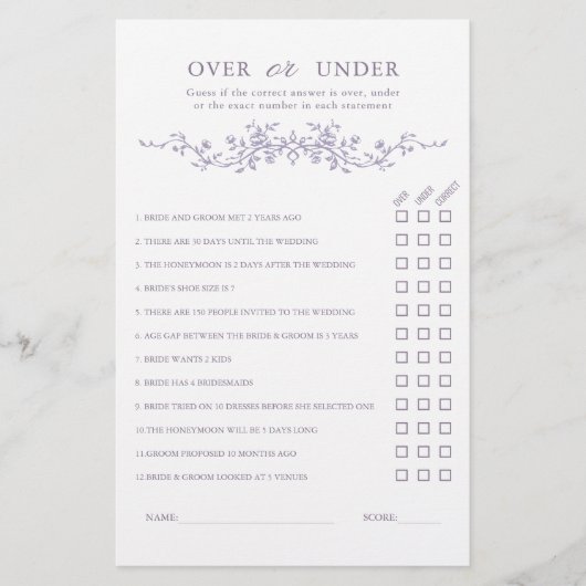 French Lavender 'Over or Under' Bridal Shower Game (正面)