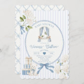 French Nursery Baby Boy Shower Coquette Stripe Bow 招待状 (正面/裏面)