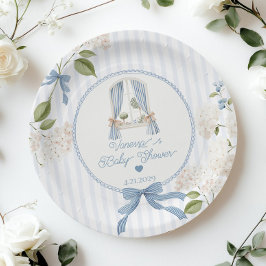 French Nursery Baby Shower Blue Stripes Bow ペーパープレート