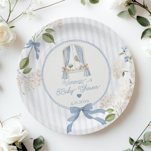 French Nursery Baby Shower Blue Stripes Bow ペーパープレート