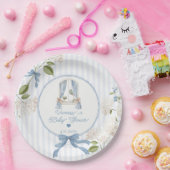 French Nursery Baby Shower Blue Stripes Bow ペーパープレート (パーティー)