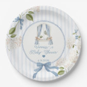 French Nursery Baby Shower Blue Stripes Bow ペーパープレート (正面)