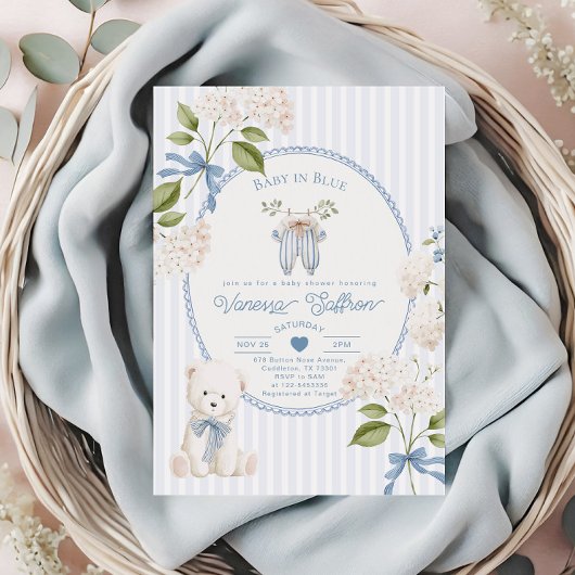 French Nursery Baby Shower Coquette Baby in Blue 招待状