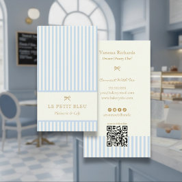 French Powder Blue Stripes Elegant Bakery QR  名刺