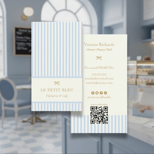French Powder Blue Stripes Elegant Bakery QR  名刺