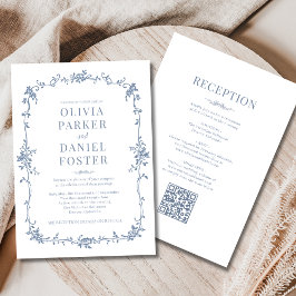French QR Code All in One Dusty Blue Wedding 招待状