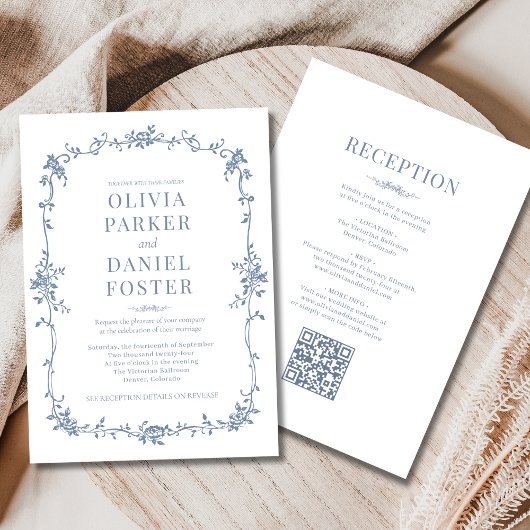 French QR Code All in One Dusty Blue Wedding  招待状