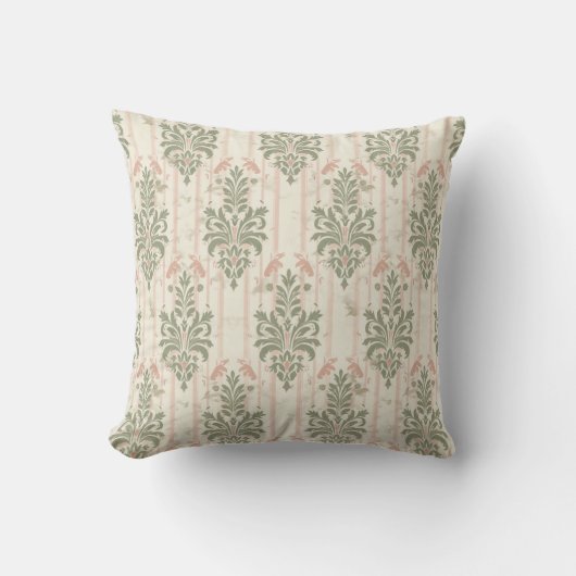 French Retro Damask Stripe Pattern – Vintage Sage クッション (正面)