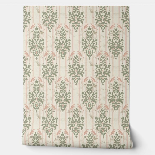 French Retro Damask Stripe Pattern – Vintage Sage  壁紙 (ほどく)