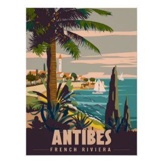 French Riviera Antibes Retro Poster. Tropical coas ポスター