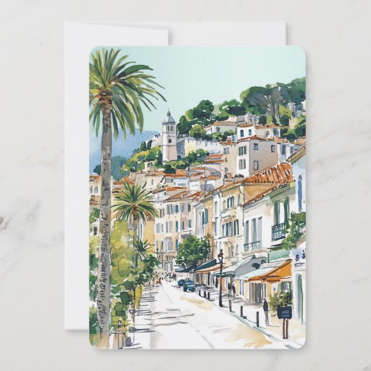 French Riviera Beach Coastal Town Wedding 招待状 (裏面)