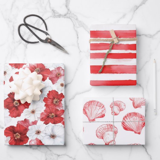 French Riviera Red Flowers Stripes Shells ラッピングペーパーシート (正面)