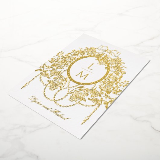 French Rococo Gold Foil Rose Monogram Wedding 箔招待状 (回転した状態)