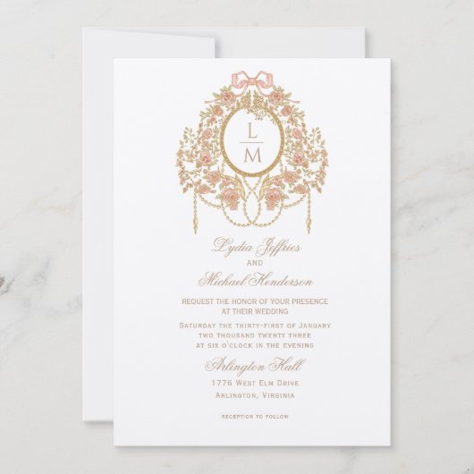 French Rococo Rose Monogram Wedding 招待状 (正面)