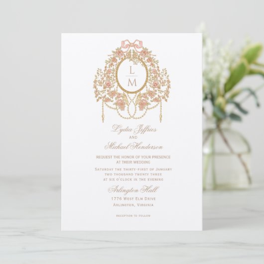 French Rococo Rose Monogram Wedding 招待状 (スタンド正面)