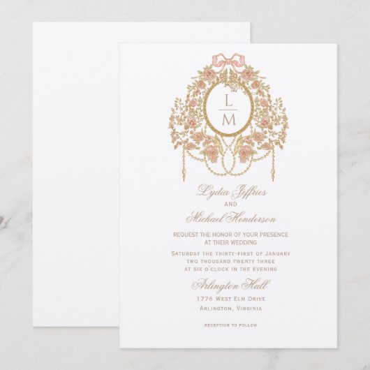French Rococo Rose Monogram Wedding 招待状 (正面/裏面)