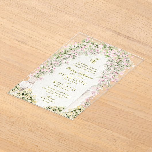 french romantic garden arch monogram royal wedding アクリル招待状 (レイダウン)