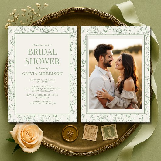French Sage Green Ivory Photo Bridal Shower 招待状