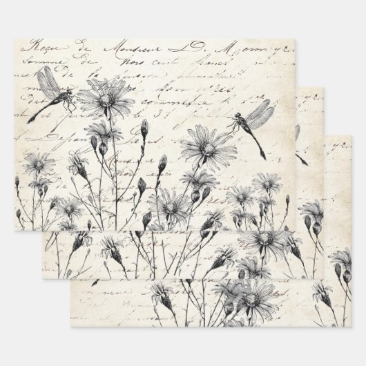 French Script Wildflower Dragonfly Decoupage Craft ラッピングペーパーシート (セット)