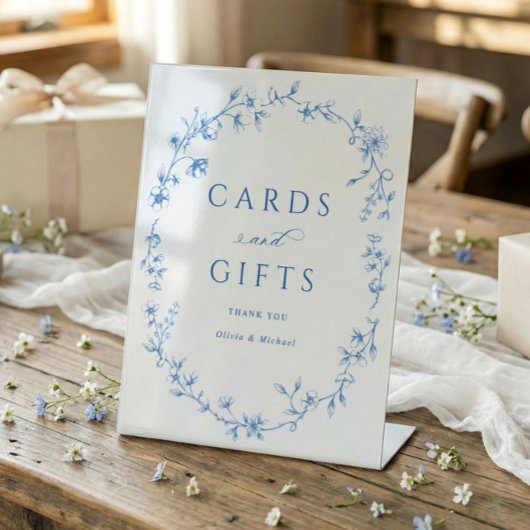 French Toile Blue Cards & Gifts Bridal Shower 台座サイン