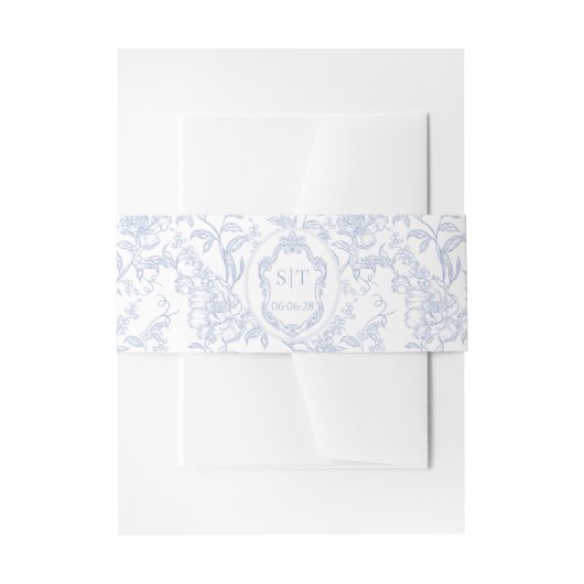 French Toile Blue Floral Chinoiserie Monogram 招待状ベリーバンド (正面例)