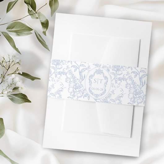 French Toile Blue Floral Chinoiserie Monogram 招待状ベリーバンド