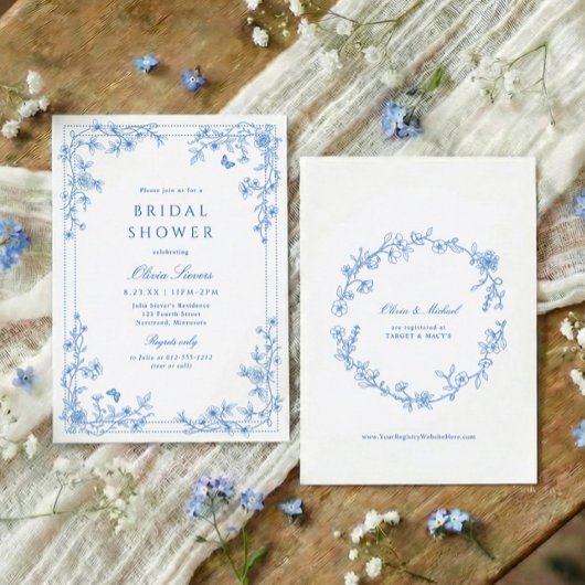French Toile Chinoiserie Blue White Bridal Shower 招待状