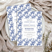 French Toile de Jouy Blue Floral Wedding Invite 招待状