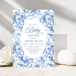 French Toile de Jouy Blue Roses Baby Shower Invite 招待状