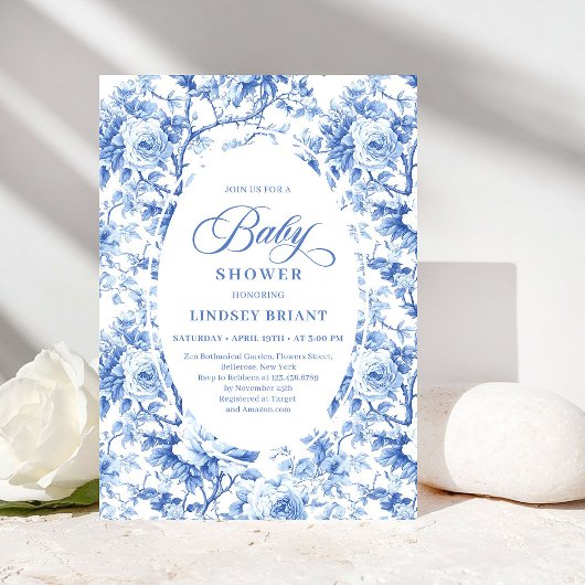 French Toile de Jouy Blue Roses Baby Shower Invite 招待状
