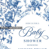 French Toile de Jouy Blue Roses Baby Shower Invite 招待状