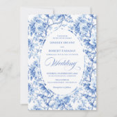 French Toile de Jouy Blue Roses Elegant Wedding  招待状 (正面)