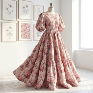 French Toile de Jouy Pink Floral Rococo Rose Theme ファブリック