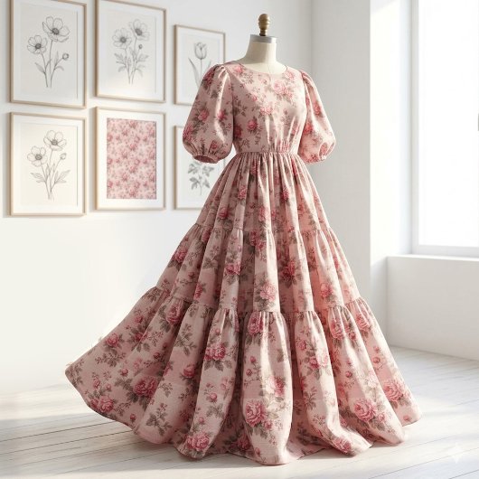 French Toile de Jouy Pink Floral Rococo Rose Theme ファブリック