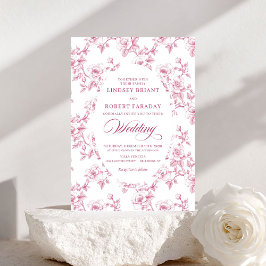 French Toile de Jouy Roses Dusty Pink Wedding  招待状