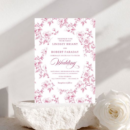 French Toile de Jouy Roses Dusty Pink Wedding  招待状