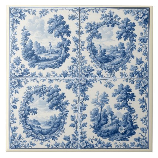French Toile De Juoy Pastoral Rustic Country Blue タイル (正面)