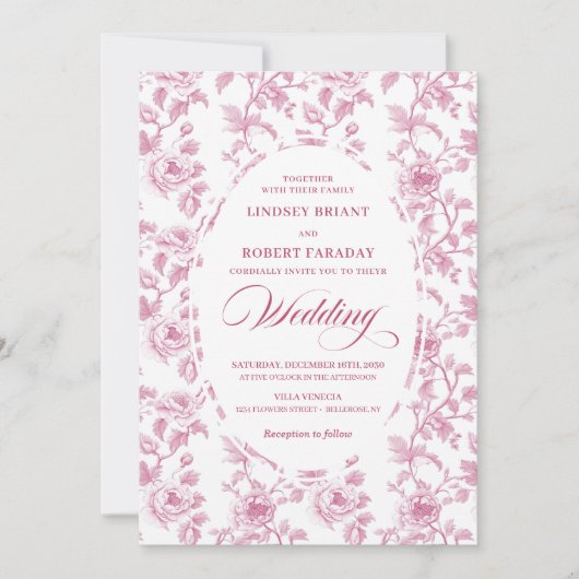 French Toile Roses Blush Pink Wedding Invitation 招待状 (正面)
