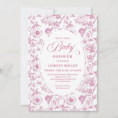 French Toile Roses Dusty Pink Baby Shower Invite 招待状 (正面)