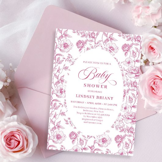 French Toile Roses Dusty Pink Baby Shower Invite 招待状