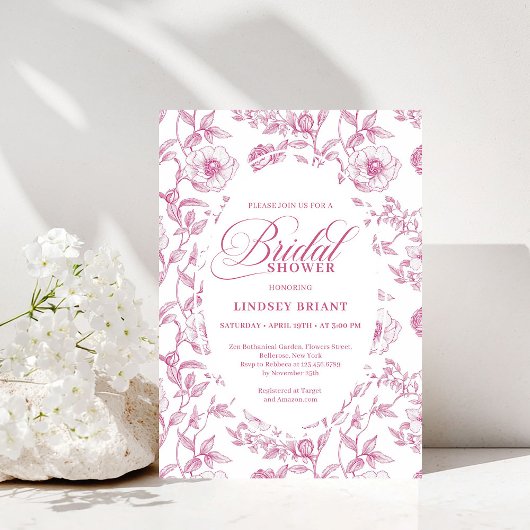 French Toile Roses Dusty Pink Bridal Shower Invite 招待状