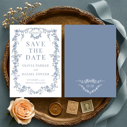 French Victorian Dusty Blue Wedding Save the Date セーブザデート