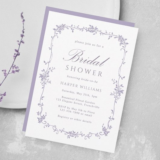 French Victorian Lavender Floral Bridal Shower 招待状