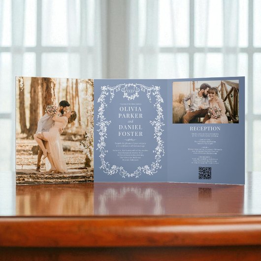 French Victorian QR Code Dusty Blue Photo Wedding 三つ折り招待状