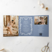 French Victorian QR Code Dusty Blue Photo Wedding 三つ折り招待状 (内部)