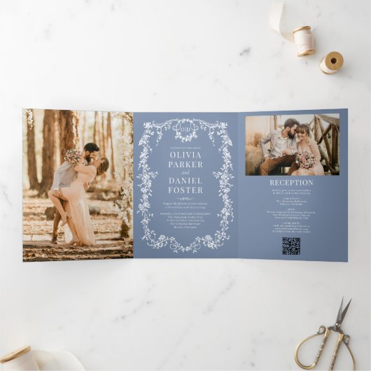 French Victorian QR Code Dusty Blue Photo Wedding 三つ折り招待状 (内部)